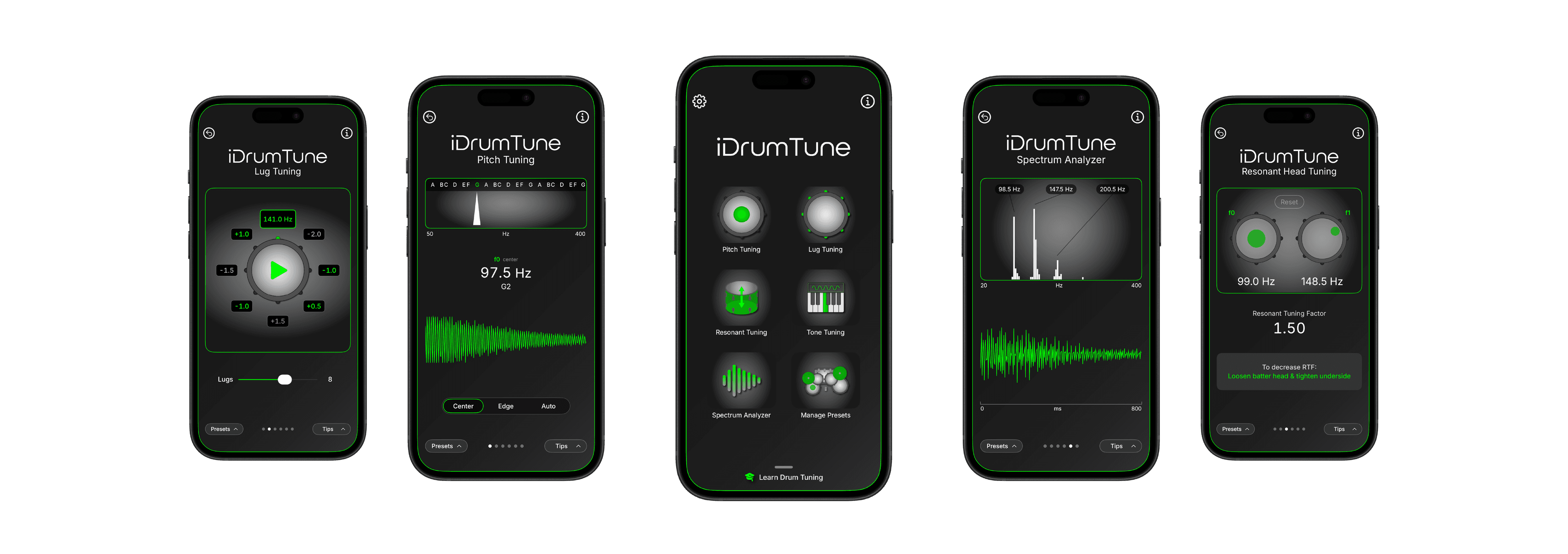 iDrumTune Pro app screens showing tuning and course features